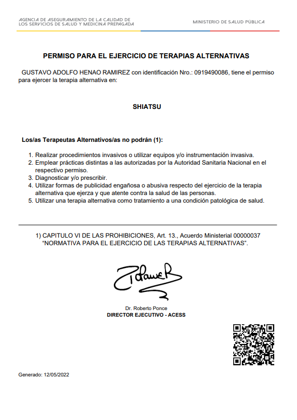 Official ACESS permit from the Ministry of Public Health of Ecuador for Shiatsu practice - Gustavo Henao