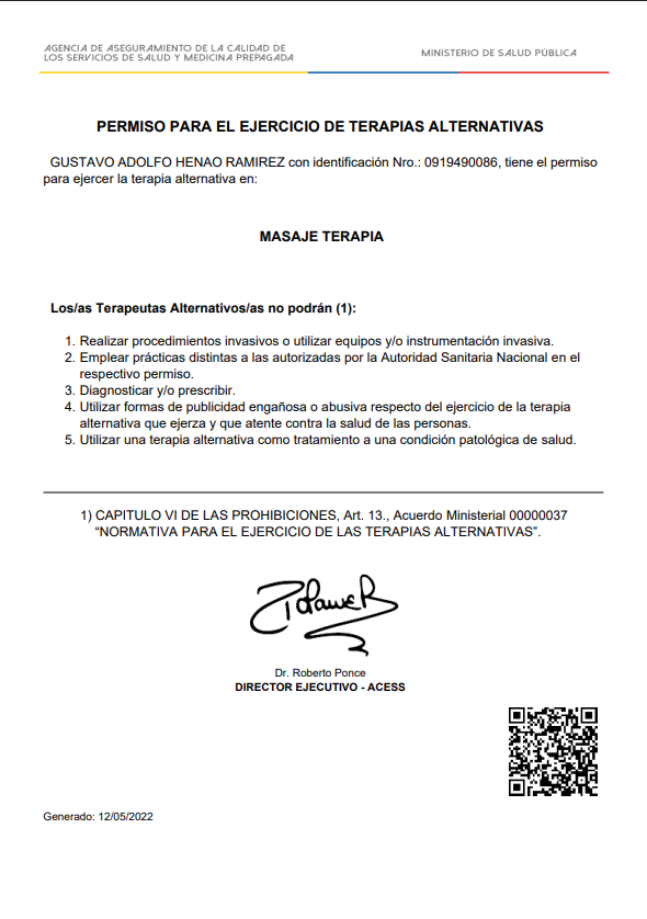 Official ACESS permit from the Ministry of Public Health of Ecuador for Massage Therapy - Gustavo Henao