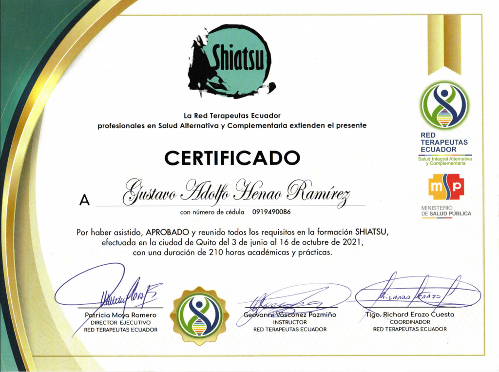 Certified Shiatsu training diploma 210 hours - Gustavo Henao