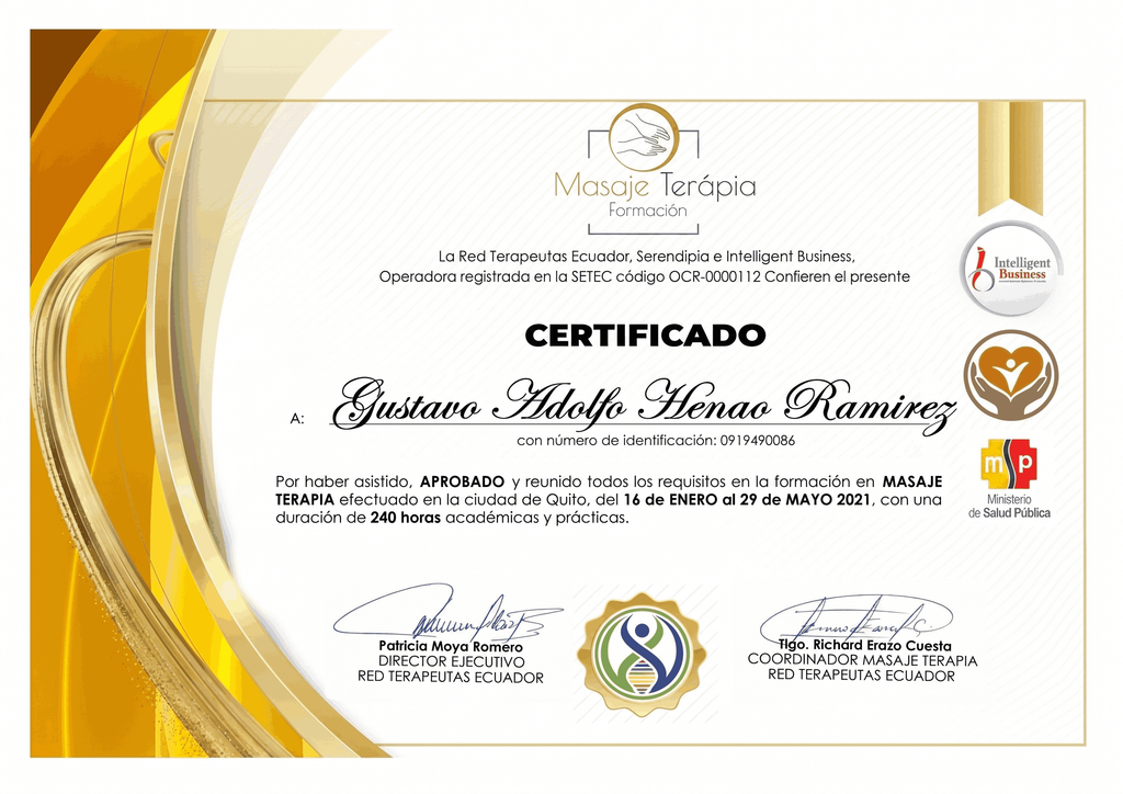 Certified Massage Therapy training diploma 240 hours - Gustavo Henao